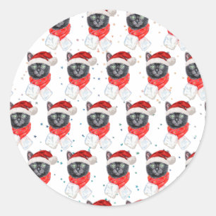 Christmas Black Cat with Red Scarf Classic Round Sticker