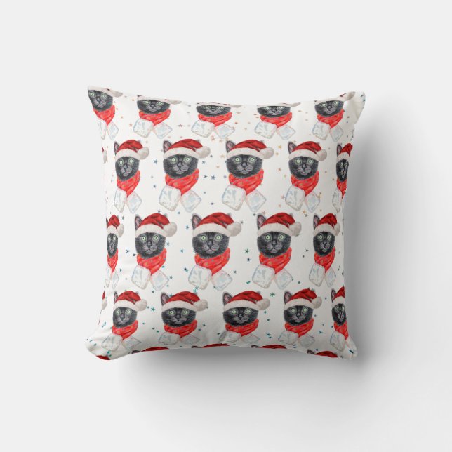 Christmas Black Cat with Red Scarf Throw Pillow (Front)