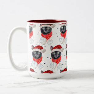 Christmas Black Cat with Red Scarf Two-Tone Coffee Mug
