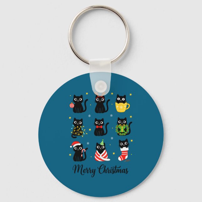 Christmas Black Cats Merry Christmas Cute Holiday  Keychain (Front)