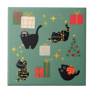 Christmas Black Cats Tile