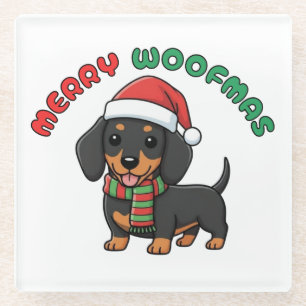 Christmas Black Dachshund Coaster: Merry Woofmas Glass Coaster