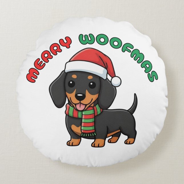 Christmas Black Dachshund: Merry Woofmas Round Pillow (Front)
