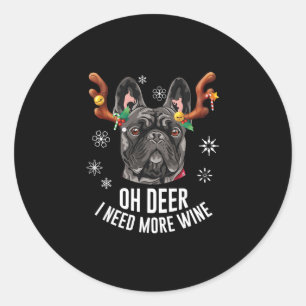 Christmas Black French Bulldog Deer Antlers Wine L Classic Round Sticker