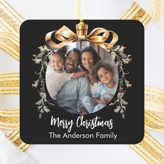 Christmas black gold bauble family photo square sticker (Creator Uploaded)