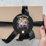 Christmas black gold bauble team photo logo classic round sticker<br><div class="desc">Black background. Personalize and add your own photo and company logo. A golden Christmas tree bauble as frame. Add a text,  name or your web url.</div>