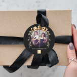 Christmas black gold bauble team photo logo classic round sticker<br><div class="desc">Black background. Personalize and add your own photo and company logo. A golden Christmas tree bauble as frame. Add a text,  name or your web url.</div>