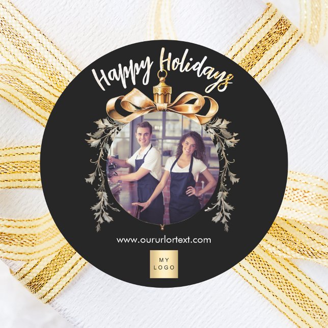 Christmas black gold bauble team photo logo classic round sticker (Creator Uploaded)