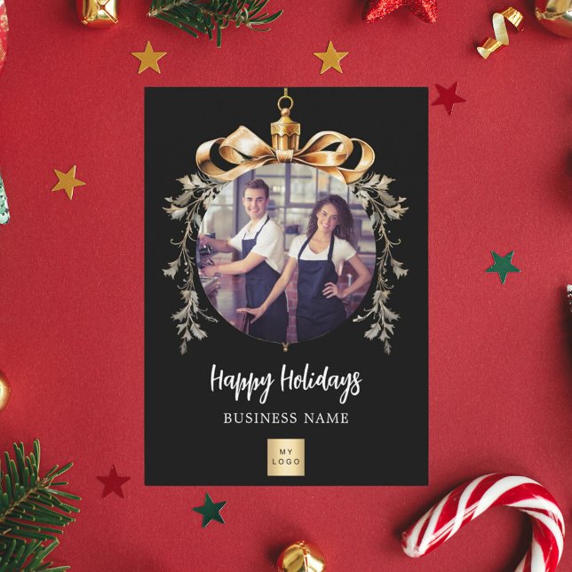 Christmas black gold bauble team photo logo holiday postcard (Creator Uploaded)