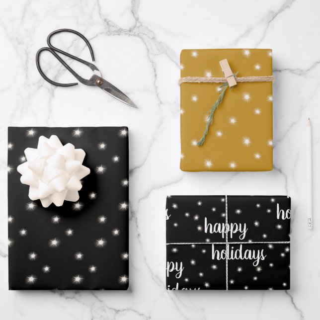 Christmas Black Gold HAPPY HOLIDAYS Script Lights Wrapping Paper Sheet (Front)