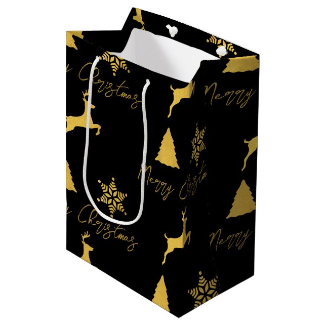 Christmas Black & Gold Pattern Medium Gift Bag (Front Angled)