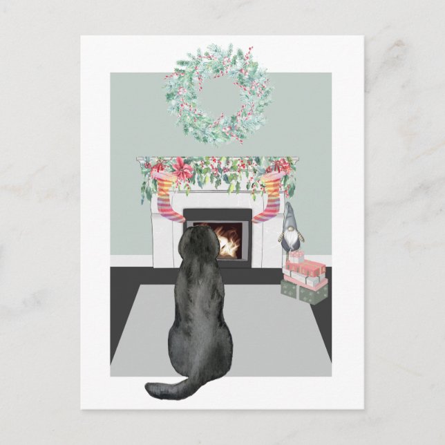 Christmas Black Labrador Dog Fireplace Scene Holiday Postcard (Front)