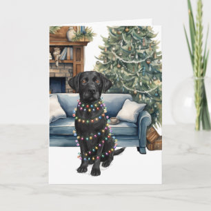 Christmas Black Labrador Dog In Holiday Lights Card