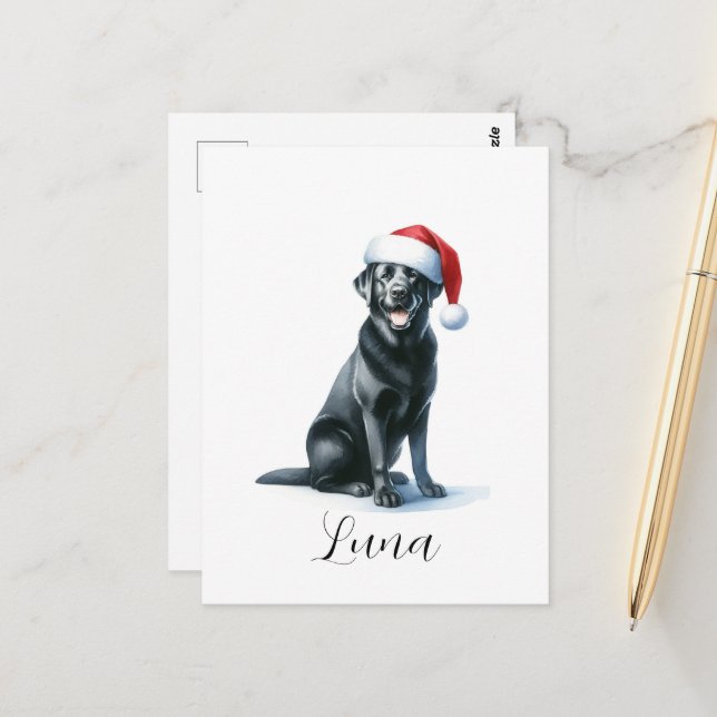Christmas Black Labrador Dog in Santa Hat Postcard (Front/Back In Situ)
