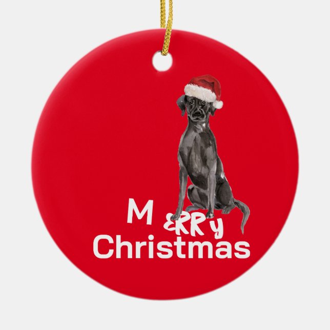Christmas Black Labrador Dog Merry Greeting Ceramic Ornament (Front)