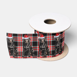 Christmas Black Labrador dog Red Plaid Satin Ribbon