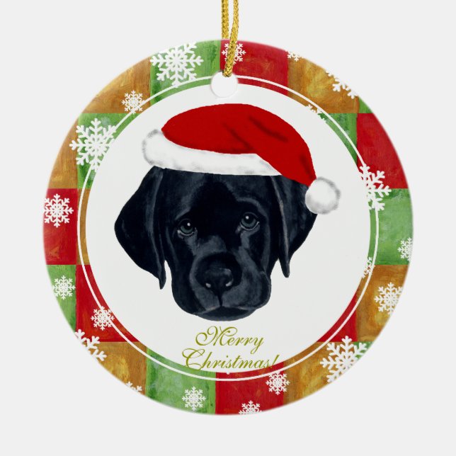 Christmas Black Labrador Puppy Mosaic Ceramic Ornament (Front)