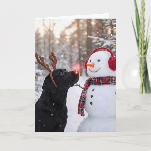 Christmas Black Labrador Retriever with Snowman Card (Front)