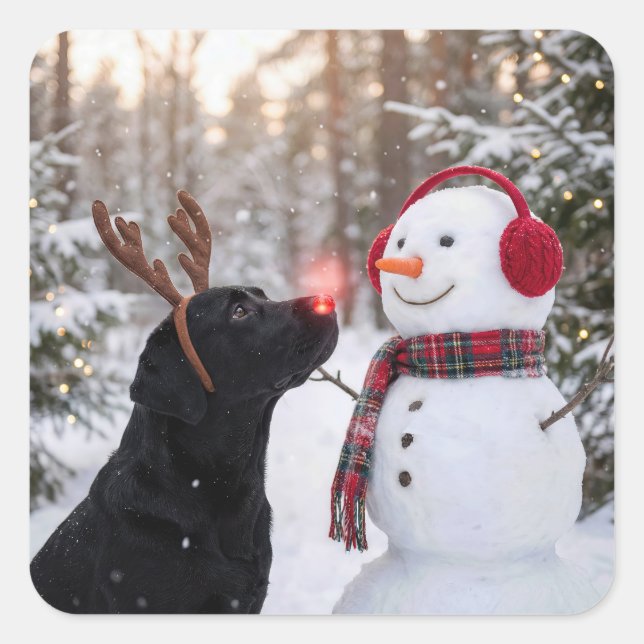 Christmas Black Labrador Retriever with Snowman Square Sticker (Front)