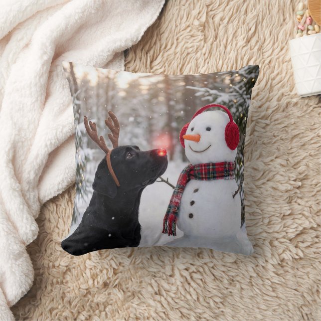 Christmas Black Labrador Retriever with Snowman Throw Pillow (Blanket)