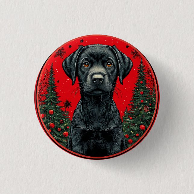Christmas Black Labrador With Festive Trees 1 Inch Round Button (Front)