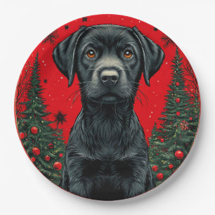 Christmas Black Labrador With Festive Trees Paper Plate