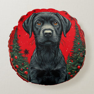 Christmas Black Labrador With Festive Trees Round Pillow