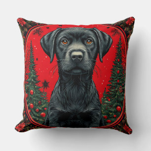 Christmas Black Labrador With Festive Trees Throw Pillow