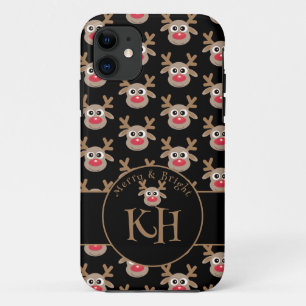 Christmas Black Monogram Cute Reindeer Pattern iPhone 11 Case