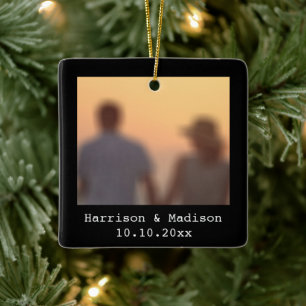 Christmas black retro instant couple photo names ceramic ornament