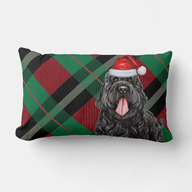 Christmas Black Russian Terrier Dog Holiday Plaid Lumbar Pillow (Front)