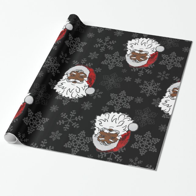 christmas black santa claus snowflakes wrapping paper (Unrolled)