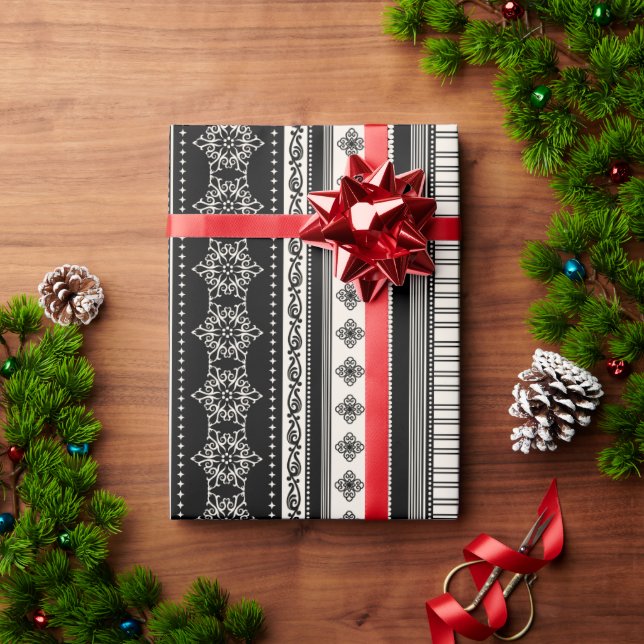 Christmas black stripes snowflake reindeer pattern wrapping paper (Holiday Gift)