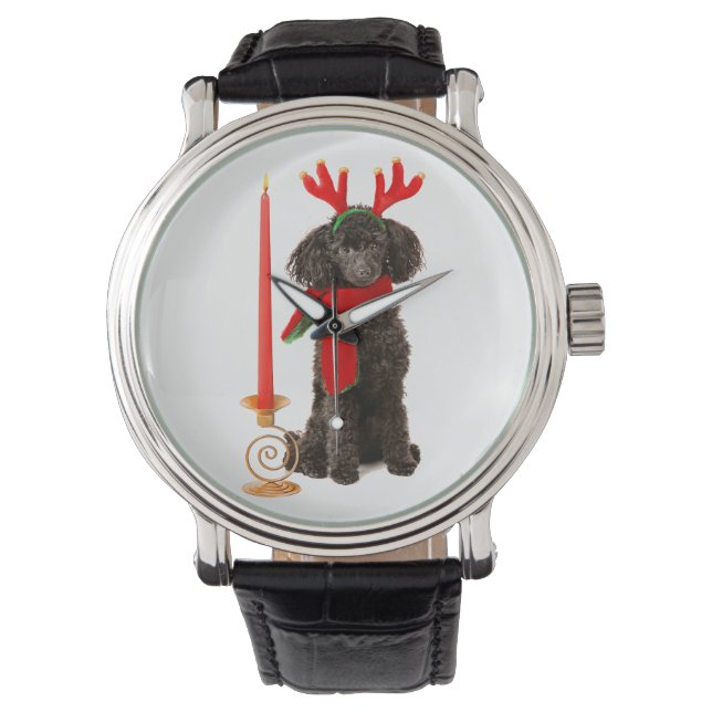 Christmas Black Toy Poodle Dog Dressed as Reindeer Watch (Front)