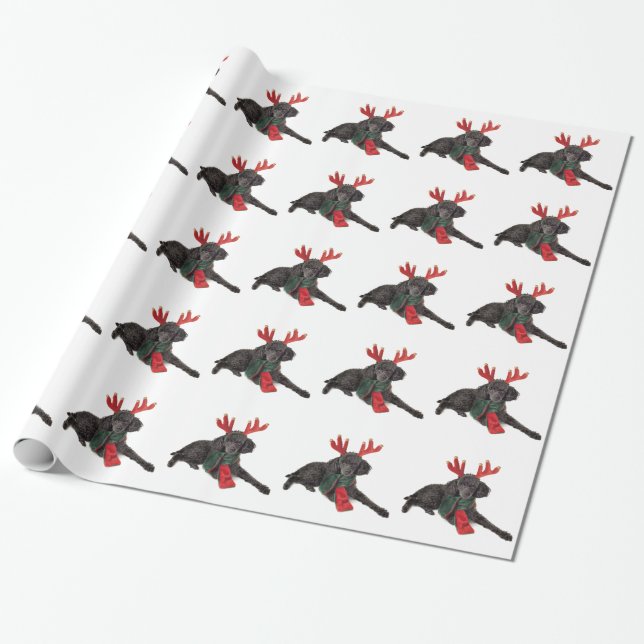 Christmas Black Toy Poodle Dog Dressed as Reindeer Wrapping Paper (Unrolled)