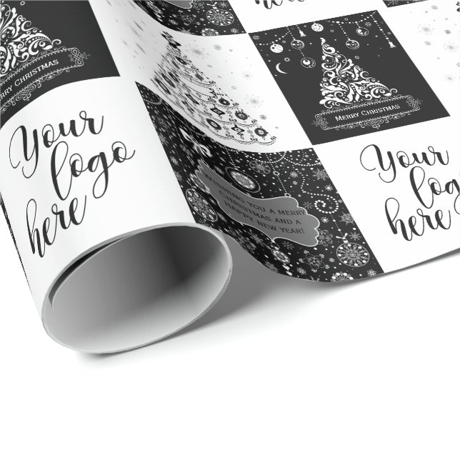 Christmas Black White Business Logo Wrapping Paper (Roll Corner)