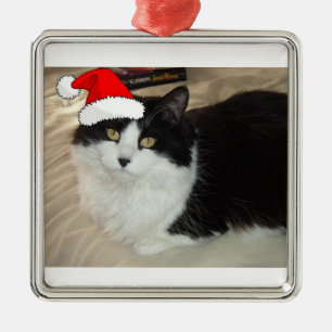 Christmas Black & White Kitty Cat Metal Ornament