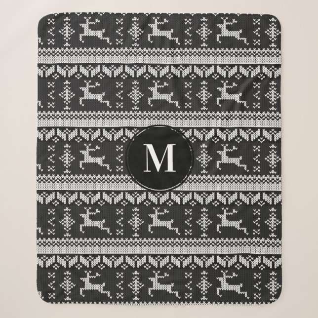 Christmas  Black & White Norwegian Deer | Monogram Sherpa Blanket (Front)