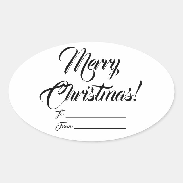 Christmas black white to from blank script elegant oval sticker (Front)