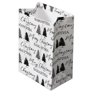 Christmas Black White Xmas Rustic Pine Tree  Medium Gift Bag