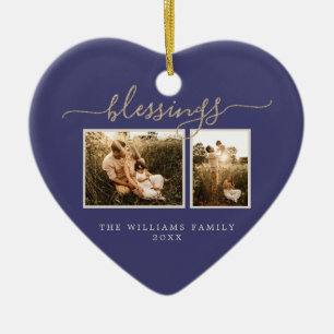 Christmas Blessing 2 Photo Dark Blue Family Ceramic Ornament