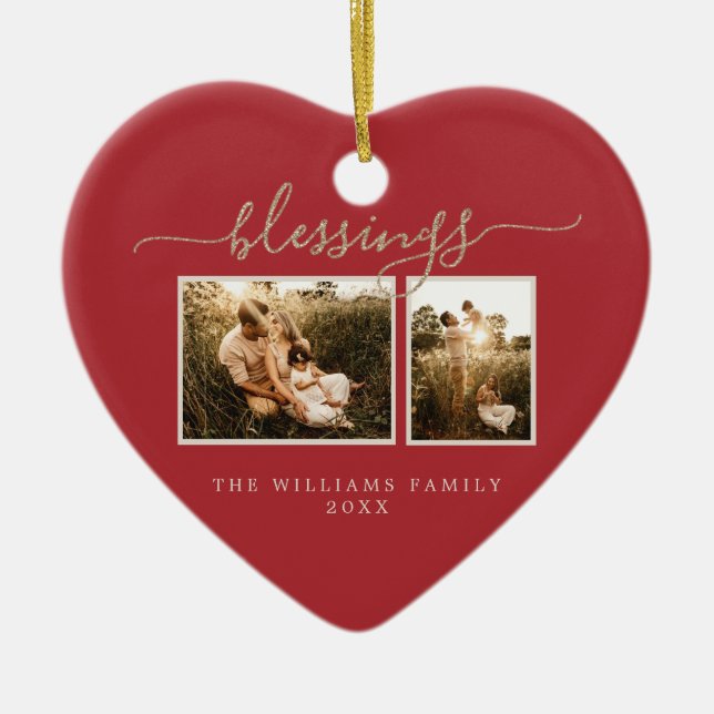 Christmas Blessing 2 Photo Red Family Ceramic Ornament (Front)