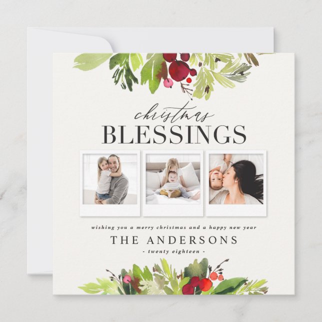 Christmas blessing multi photo plaid and foliage holiday card (Front)