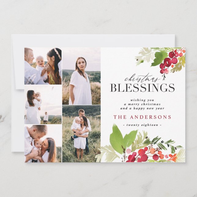 Christmas blessing multi photo watercolor foliage holiday card (Front)