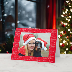 Christmas Blessings 3 Photo Repeating Words Red Ho Holiday Card