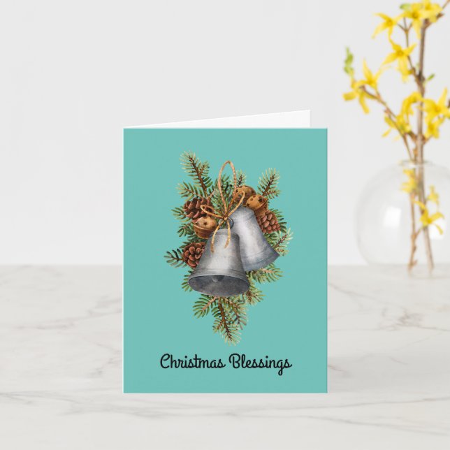 Christmas Blessings Bells Ornament Watercolor Card (Yellow Flower)