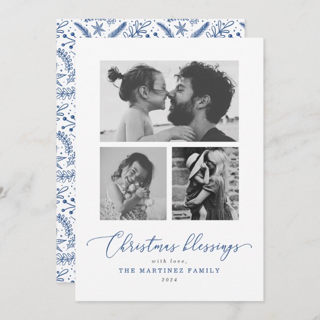 Christmas Blessings Blue Script Multiple Photo Holiday Card (Front/Back)