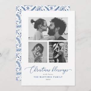 Christmas Blessings Blue Script Multiple Photo Holiday Card