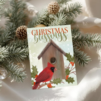 Christmas Blessings Cardinal and Birdhouse  Card