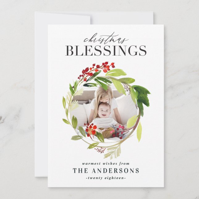 Christmas Blessings floral wreath photo Holiday Card (Front)